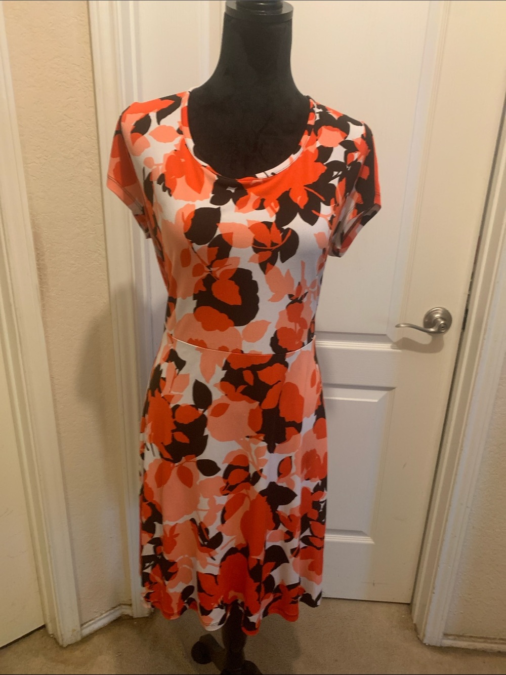 Michael Kors Orange Black and White Floral Scoop-Neck Dress